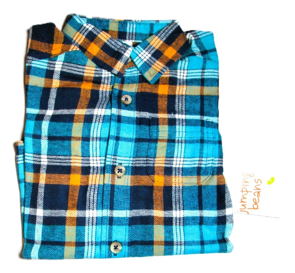 Jumping Beans Boys Flannel Shirt Blue & Orange Plaid Button-Down Size 2T Cotton